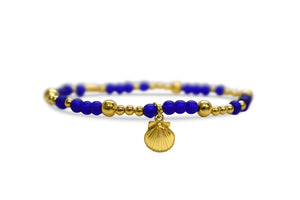 Cobalt Sea Glass Gold Clam Stretch Bracelet