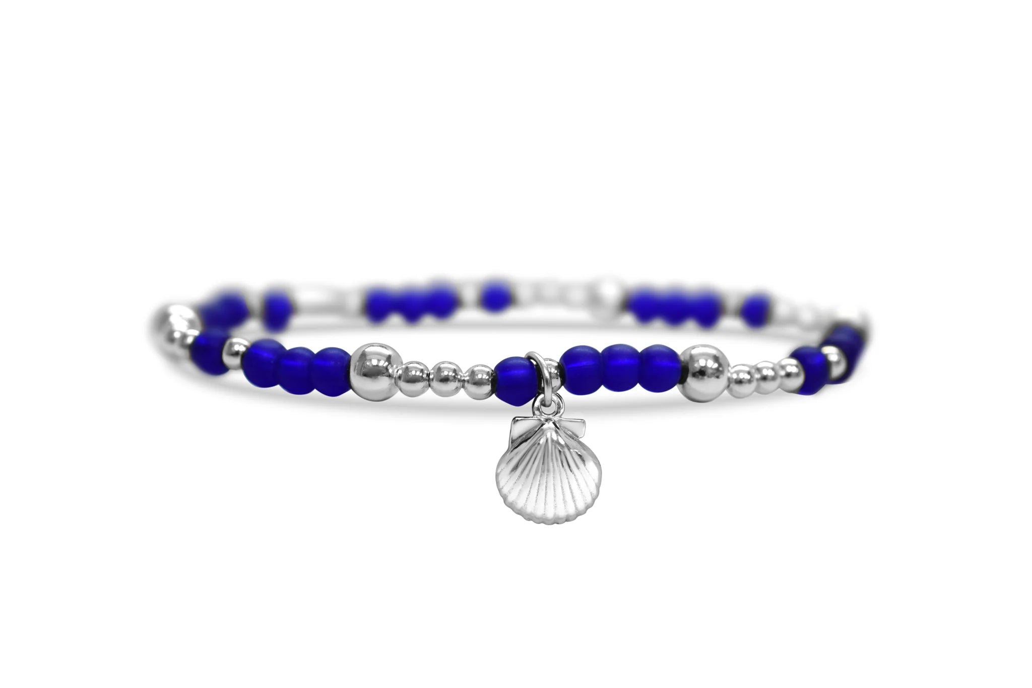 Cobalt Sea Glass Silver Clam Stretch Bracelet