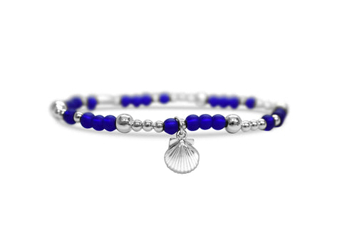 Cobalt Sea Glass Silver Clam Stretch Bracelet